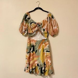 SHEIN Brush Print Tie Front Ruffle Hem Dress